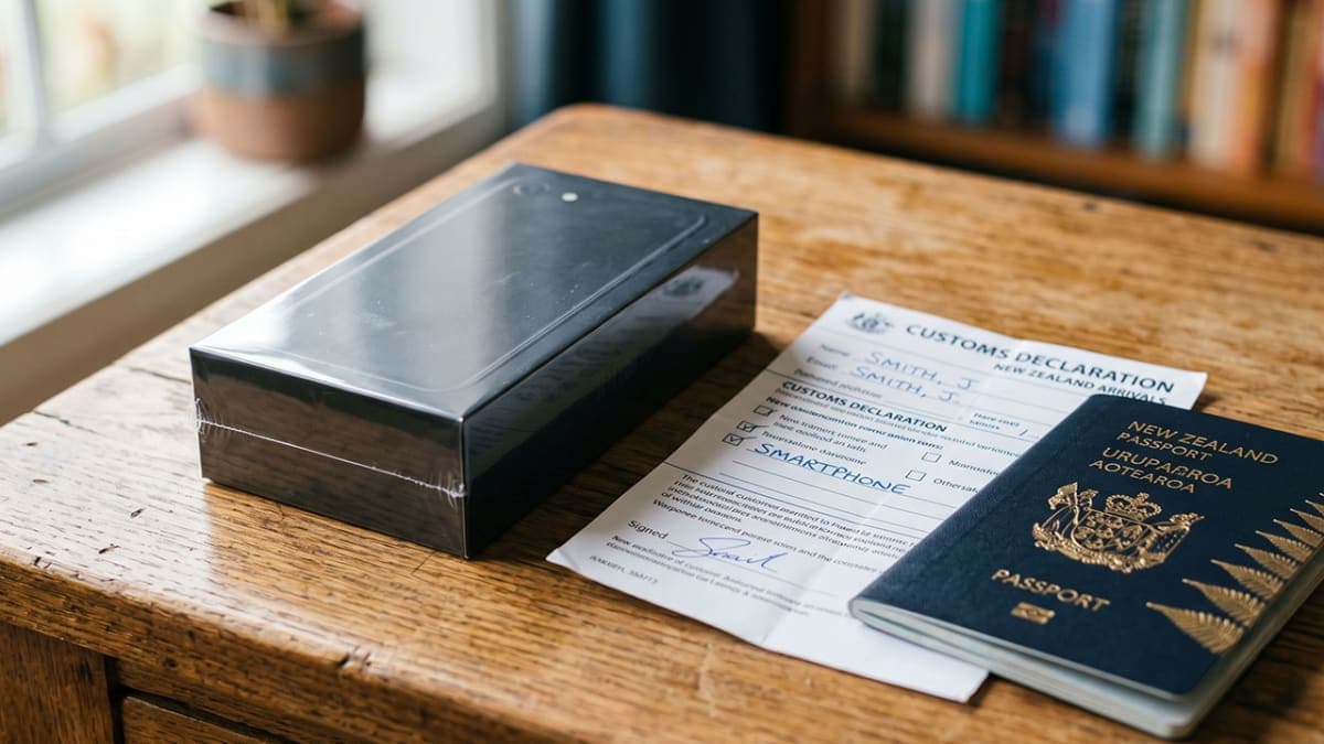 Sealed unbranded smartphone box beside a customs declaration form and passport on a wooden desk, illustrating parallel importing tech in NZ