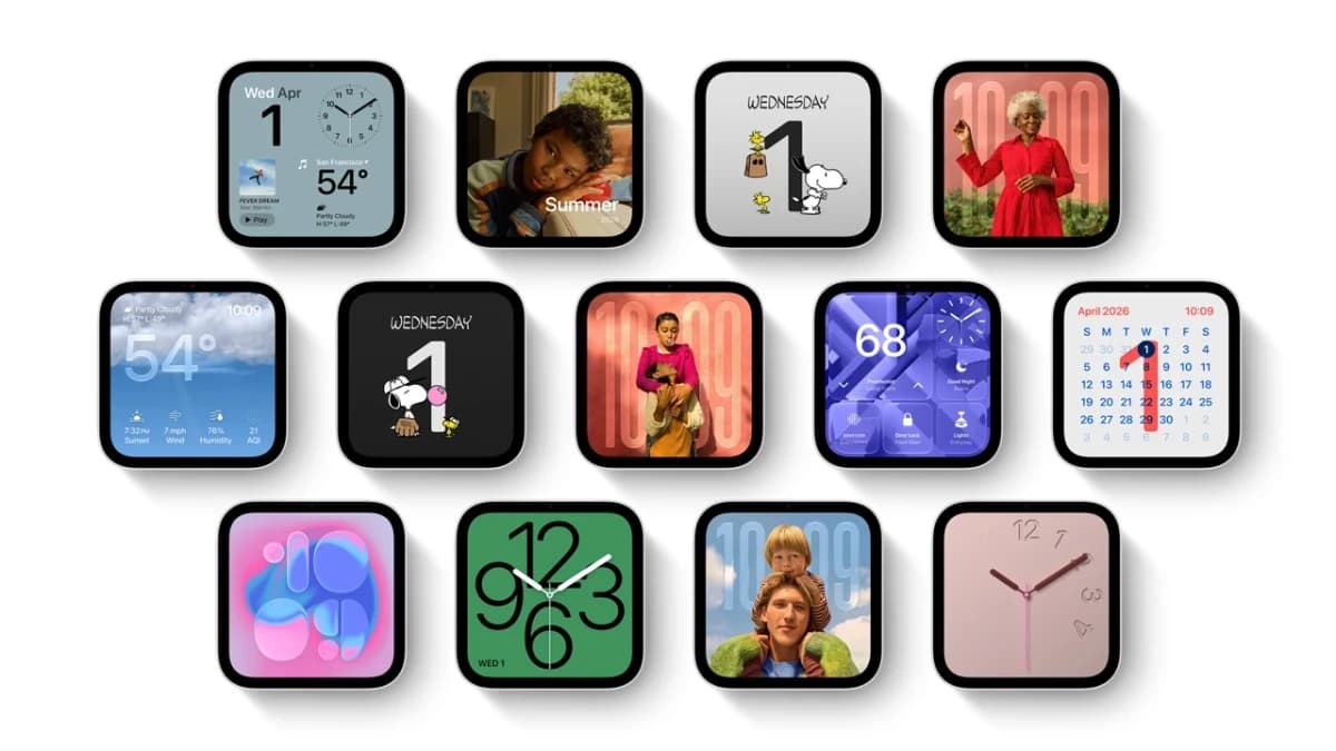 Thirteen Apple HomeView faces including weather, calendar, Snoopy, photo frames and analogue and digital clocks