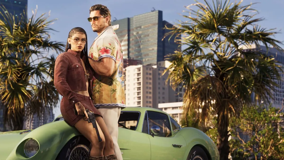 GTA 6 protagonists Jason and Lucia leaning on a green classic sports car under palm trees in Vice City