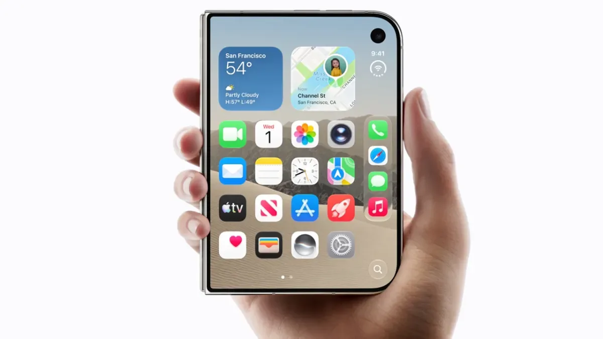 The iPhone Duo held open showing the 7.6-inch inner display home screen with widgets and app dock
