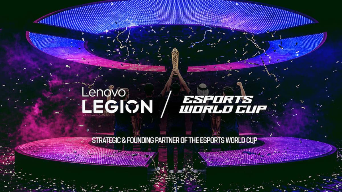 Lenovo Legion and Esports World Cup partnership artwork announcing Legion as a founding partner, with players lifting the trophy on stage