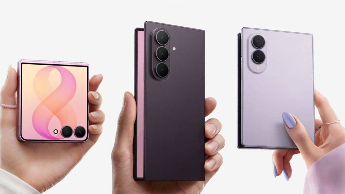 Samsung Galaxy Z Fold8 Ultra in Violet Shadow, Galaxy Z Fold8 in Lavender and Galaxy Z Flip8 in Pink held in three hands, rear cameras facing out